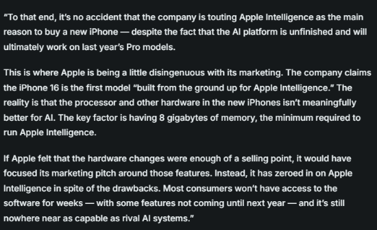 苹果被指太虚伪！iPhone16硬件并不会明显改善AI功能